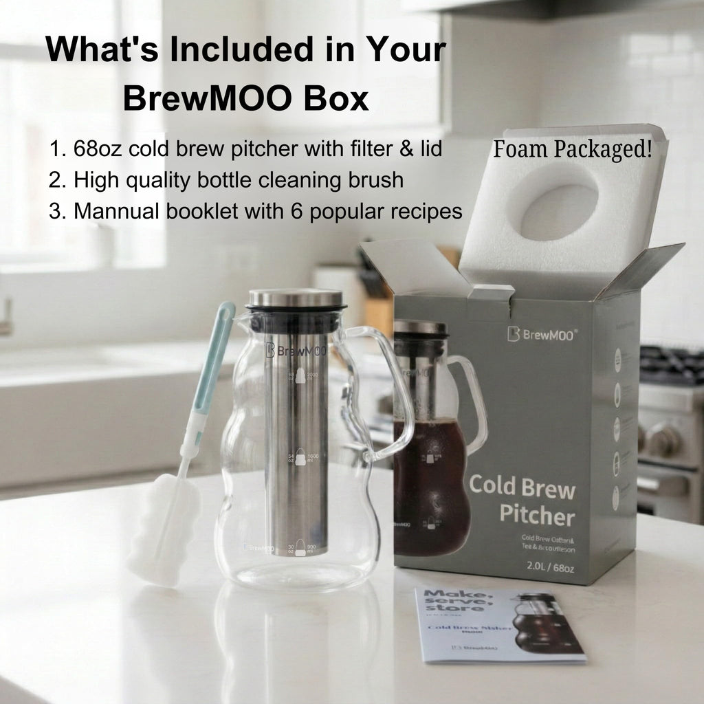BrewMOO- Cold Brew Coffee Maker (2.0L/68Oz), Sleek Wave Borosilicate Glass Pitcher with Stainless Steel Filter, Airtight Lid + Wide Spout + Comfort Handle, Effortless Manual, Sophisticated Gift