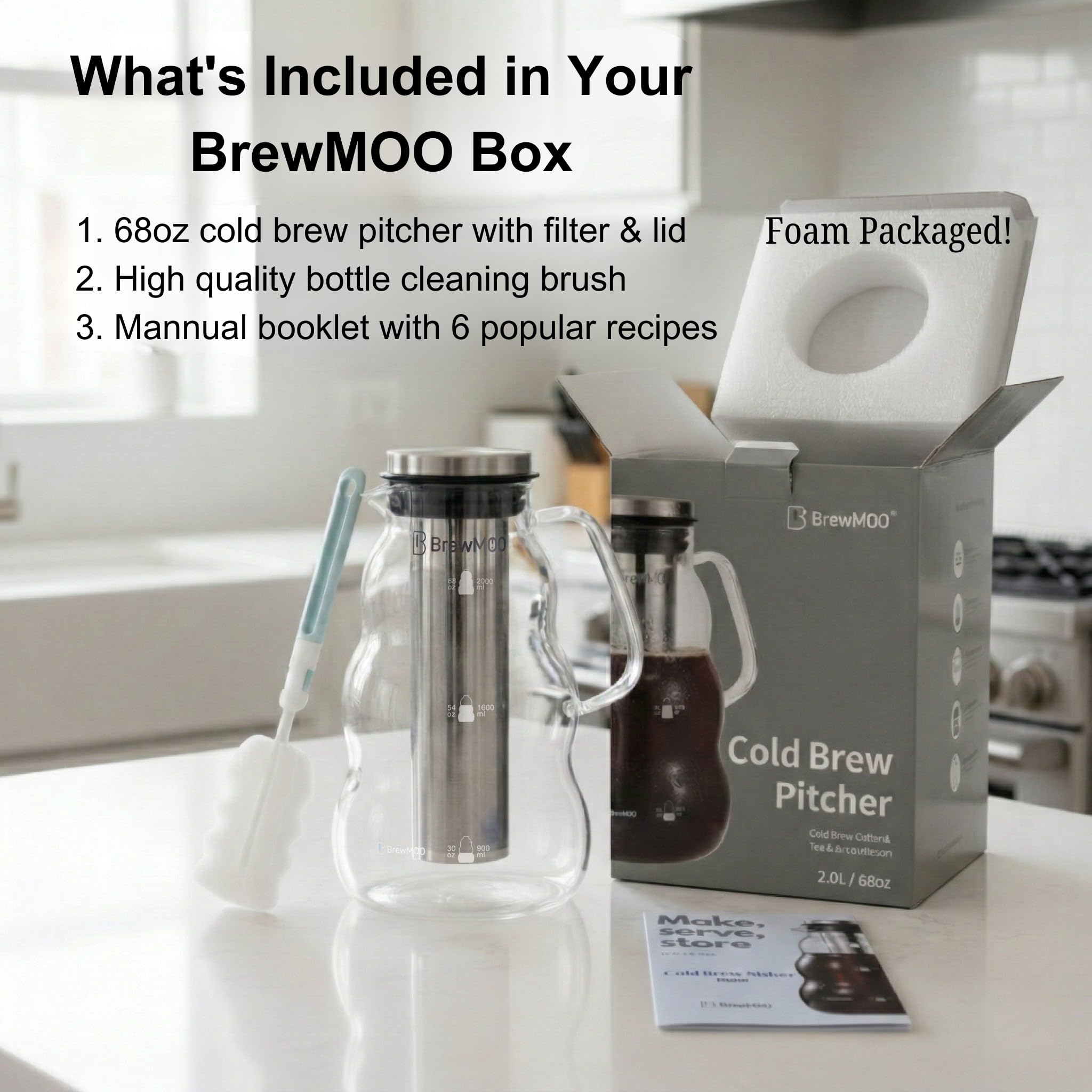 BrewMOO- Cold Brew Coffee Maker (2.0L/68Oz), Sleek Wave Borosilicate Glass Pitcher with Stainless Steel Filter, Airtight Lid + Wide Spout + Comfort Handle, Effortless Manual, Sophisticated Gift