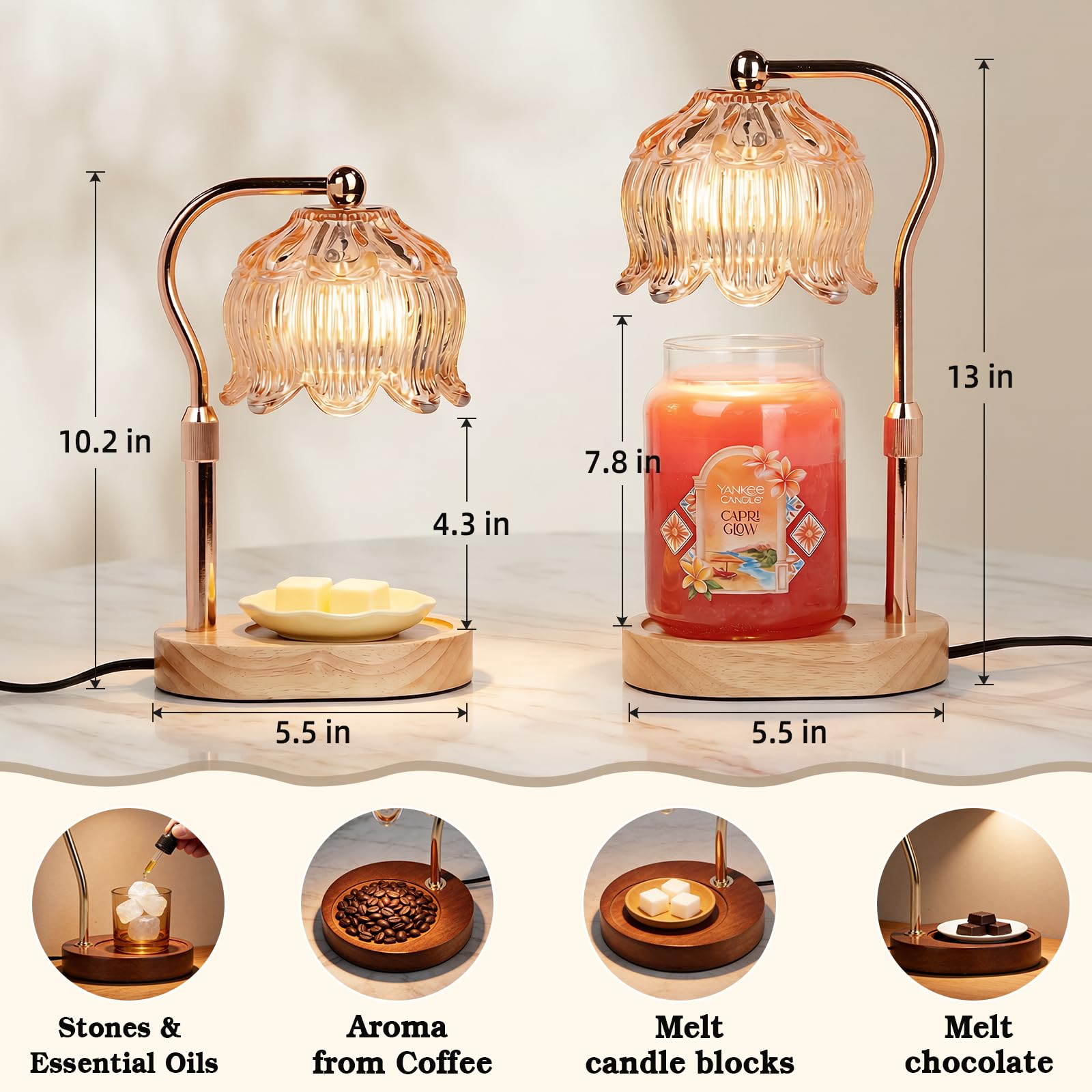 Funistree Flower Candle Warmer Lamp with Timer, Dimmable Candle Lamp Warmer, Christmas Birthday Gifts for Women Mom Her, Housewarming Home Decor, Lotus Wax Warmer for Yankee Candles - Warm Amber