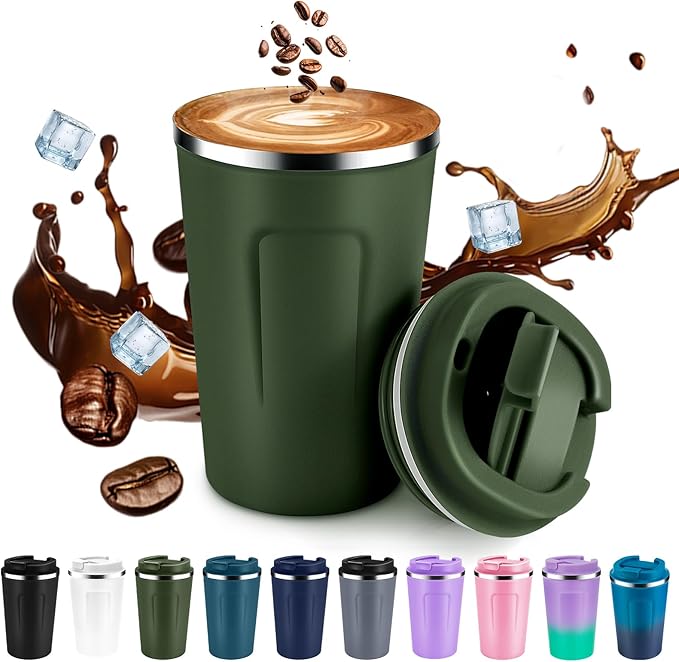 Volhoply 12 oz Double Wall Insulated Vacuum Travel Coffee Mug with Flip Lid,Reusable Stainless Steel Leak Proof Coffee Cup,Portable Cafe Thermal Tumbler Suitable for Hot&Cold Drinks(Army Green,1 Set)
