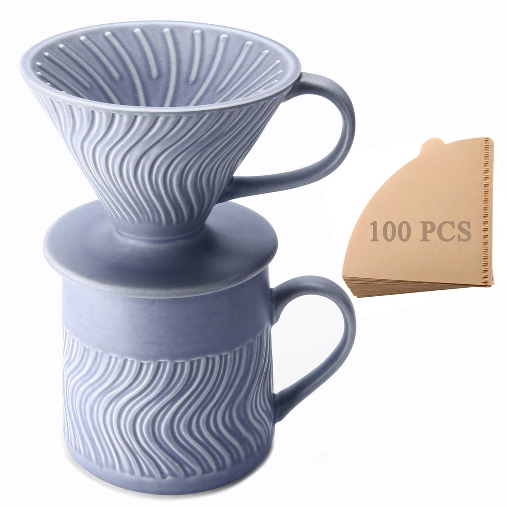 Polydremio Pour Over Coffee Maker with 100 Sheets of Paper Filter, 15 oz Ceramic Coffee Mug & Ceramic Coffee Dripper, 1 Cup-Single brew coffee set, Purple