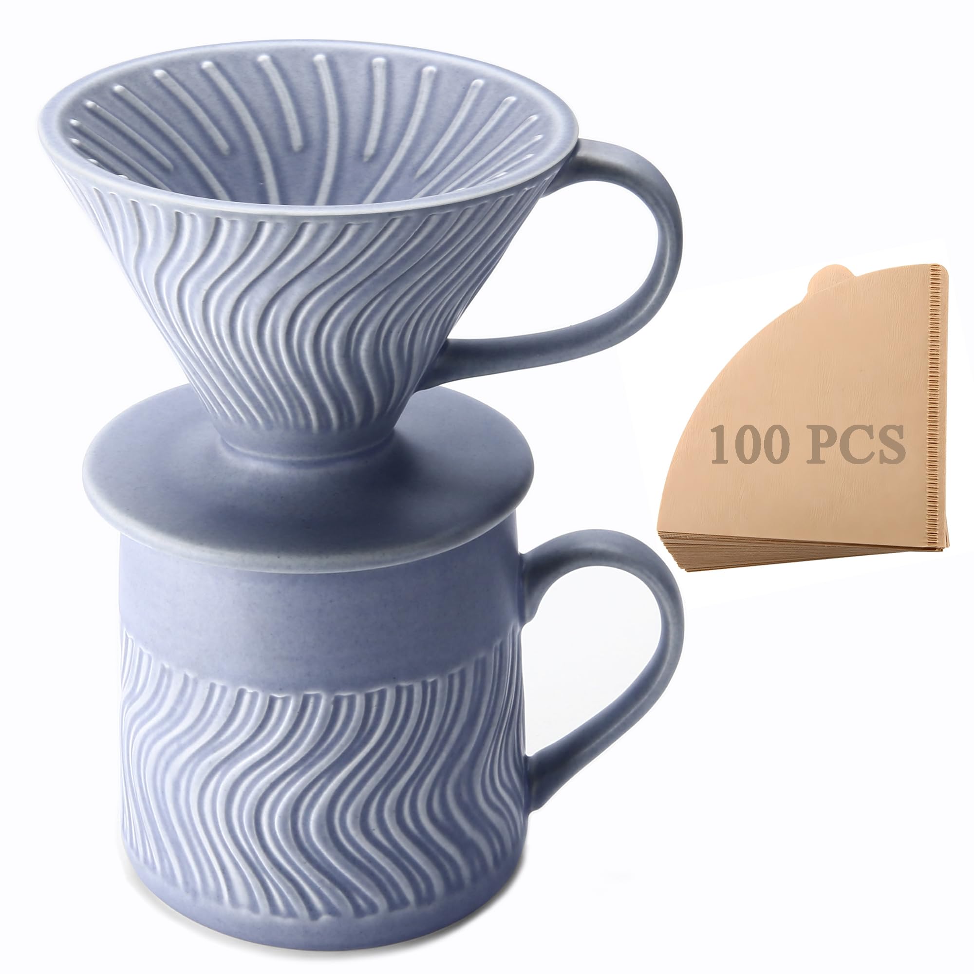 Polydremio Pour Over Coffee Maker with 100 Sheets of Paper Filter, 15 oz Ceramic Coffee Mug & Ceramic Coffee Dripper, 1 Cup-Single brew coffee set, Purple