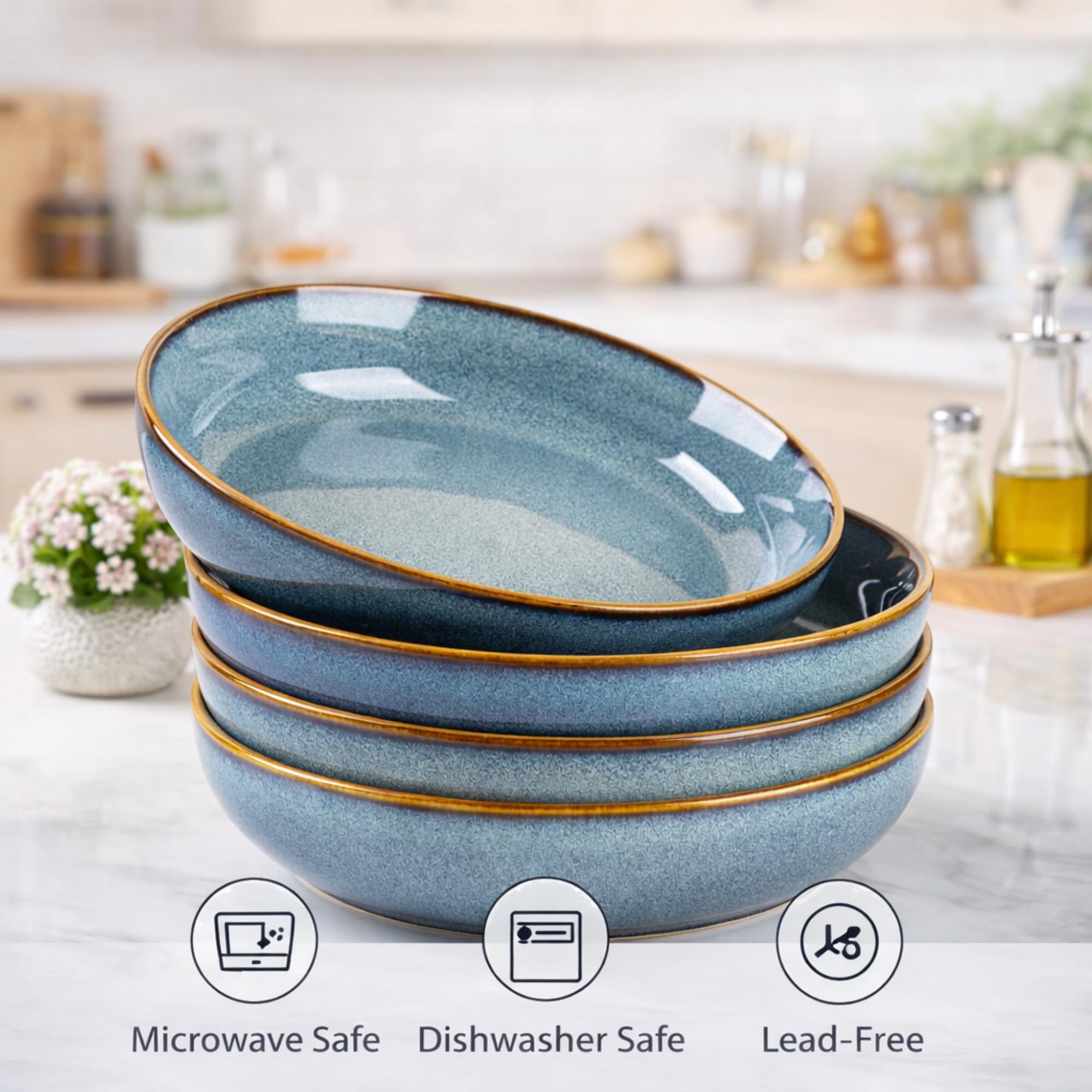 GBhome 8.75'' Large Ceramic Pasta Bowls, 38oz Stoneware Pasta Serving Bowls Set of 4 for Kitchen, Wide Bowls for Fruit,Pasta,Salad,Oatmeal,Meal, Microwave Safe, Reactive Glaze-Space Blue