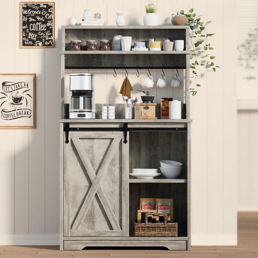 BestHaped Farmhouse Coffee Bar with 3 Tier Storage Hutch, 56 Inch Small Coffee Station with 6 Hooks, Corner Bar Table with Adjustable Shelves for Living Dining Room (Grey)