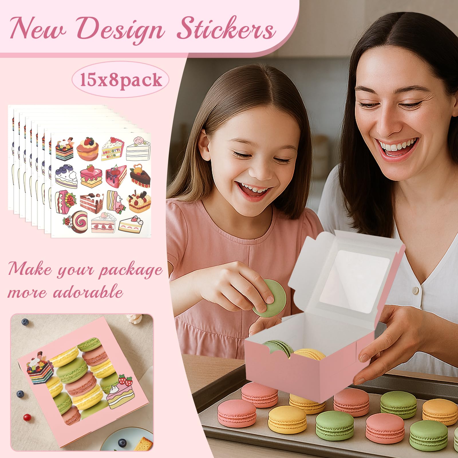 OAMCEG 80 Pack Cupcake Boxes with Window, 6x6x3 Inches Cookie Boxes, Bakery Treat Boxes for Pastry, Desserts, Chocolate Strawberries, Cupcake Containers, Gift Giving with Stickers & Twine （Pink）