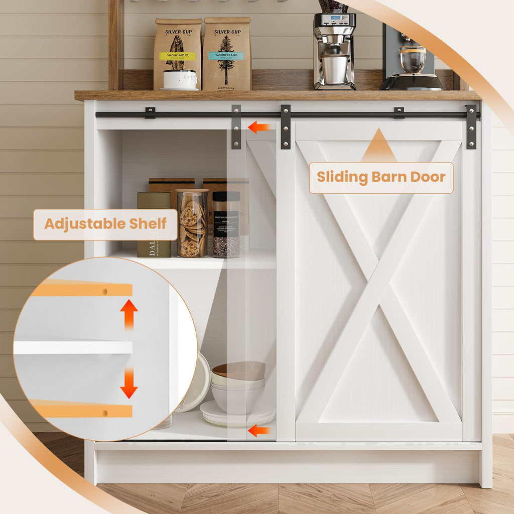 4ever2buy Farmhouse Coffee Bar Cabinet with Sliding Barn Door, 31.5", White