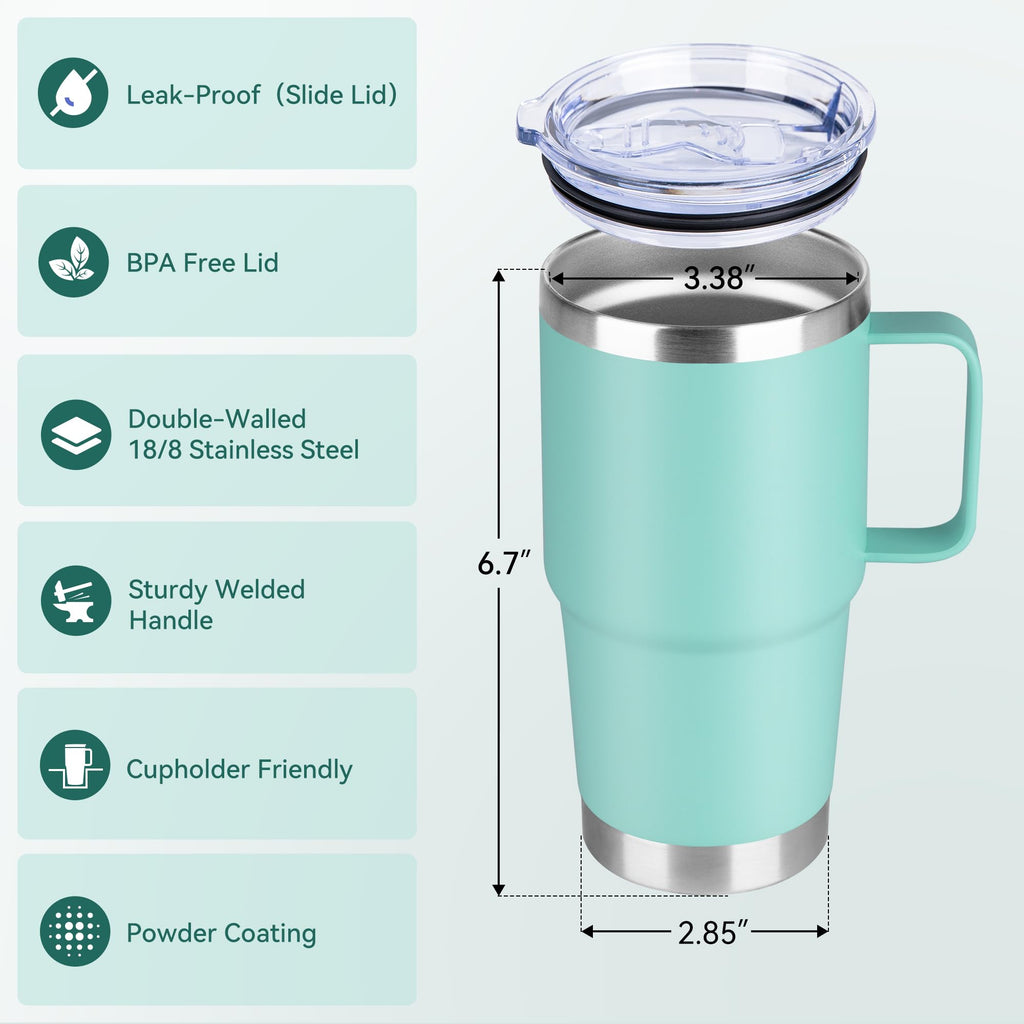 20oz Tumbler Bulk with Lid, Stainless Steel Tumbler Bulk with Handle, Metal Insulated Travel Coffee Mug Set with Handle, Double Wall Vacuum Leak Proof Tumbler Cup, Mint Green 6 Pack