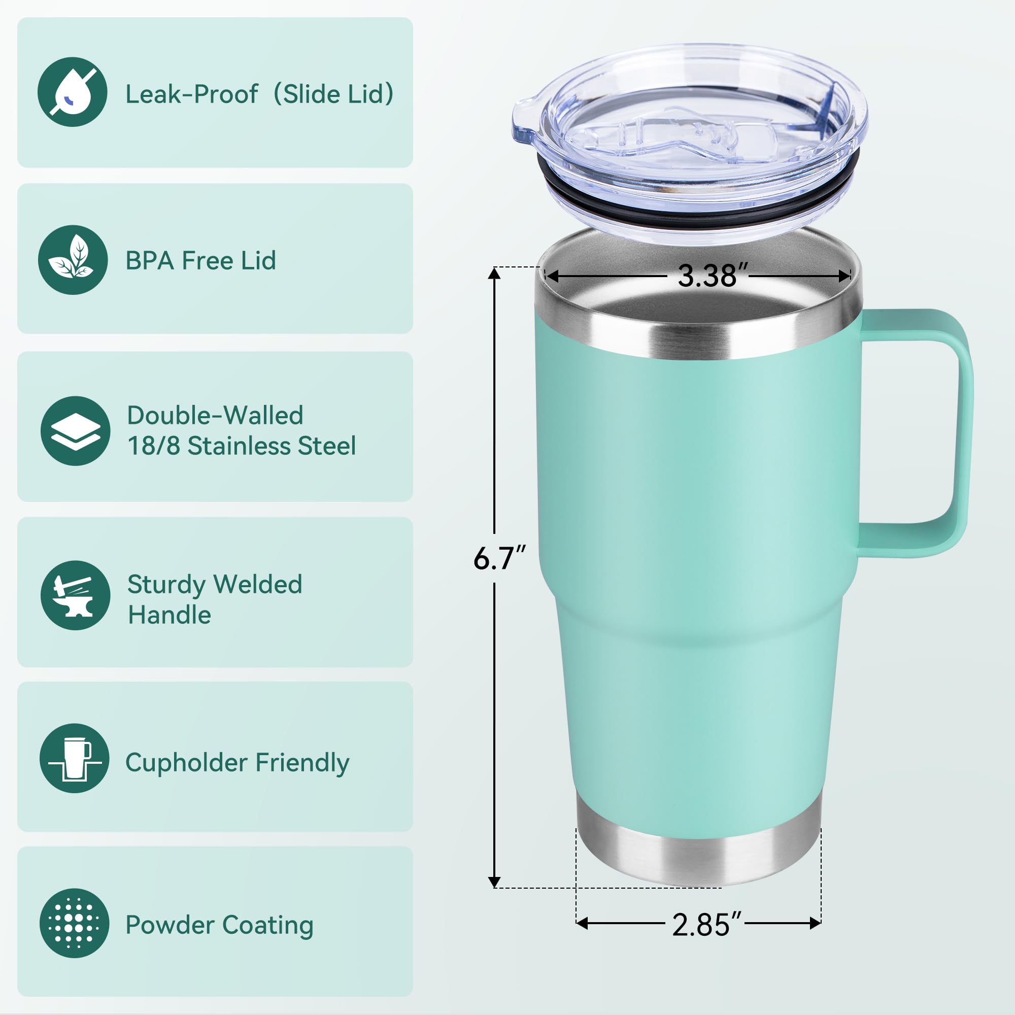 20oz Tumbler Bulk with Lid, Stainless Steel Tumbler Bulk with Handle, Metal Insulated Travel Coffee Mug Set with Handle, Double Wall Vacuum Leak Proof Tumbler Cup, Mint Green 6 Pack