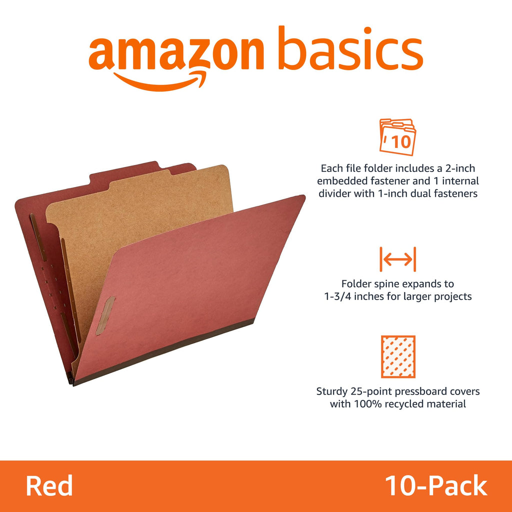 Amazon Basics Classification File Folder, 1 Divider, 2" Embedded Fasteners, Letter Size, 100% Recycled Material, Red, 10 Count