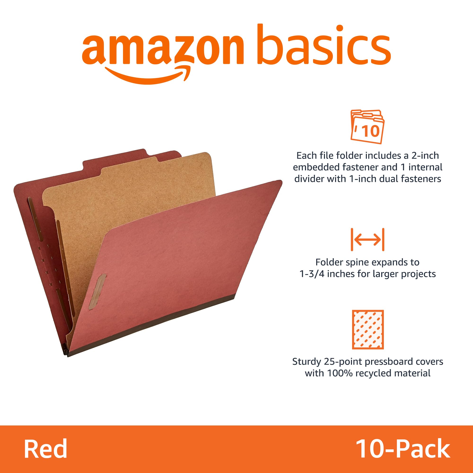 Amazon Basics Classification File Folder, 1 Divider, 2" Embedded Fasteners, Letter Size, 100% Recycled Material, Red, 10 Count