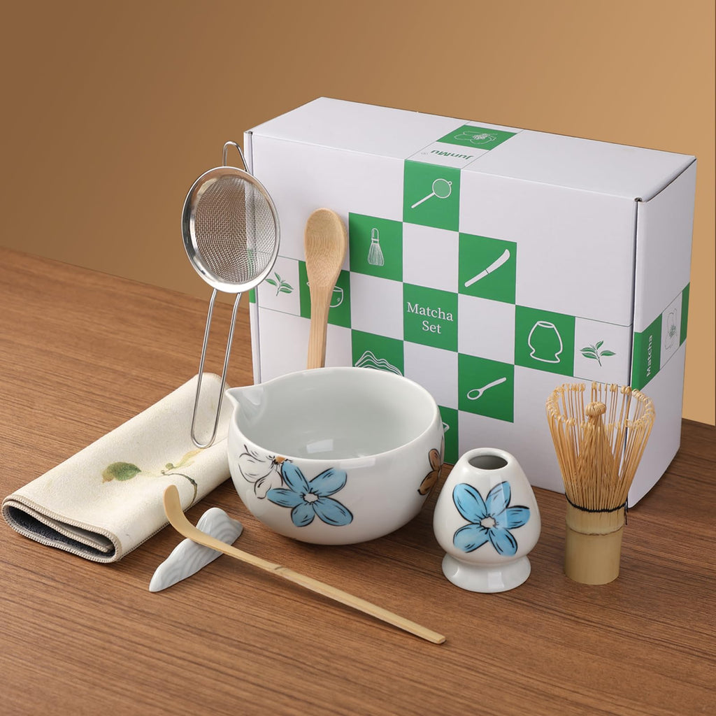 JunMu Matcha Whisk Set Cute,8pcs Matcha Set Whisk And Bowl,Matcha Kit Set With Bamboo Whisk,Ceramic Matcha Bowl,Sifter,Scoop,Holder,Towel,Stand,Spoon,Unique Gift for Japanese Matcha Tea Lover