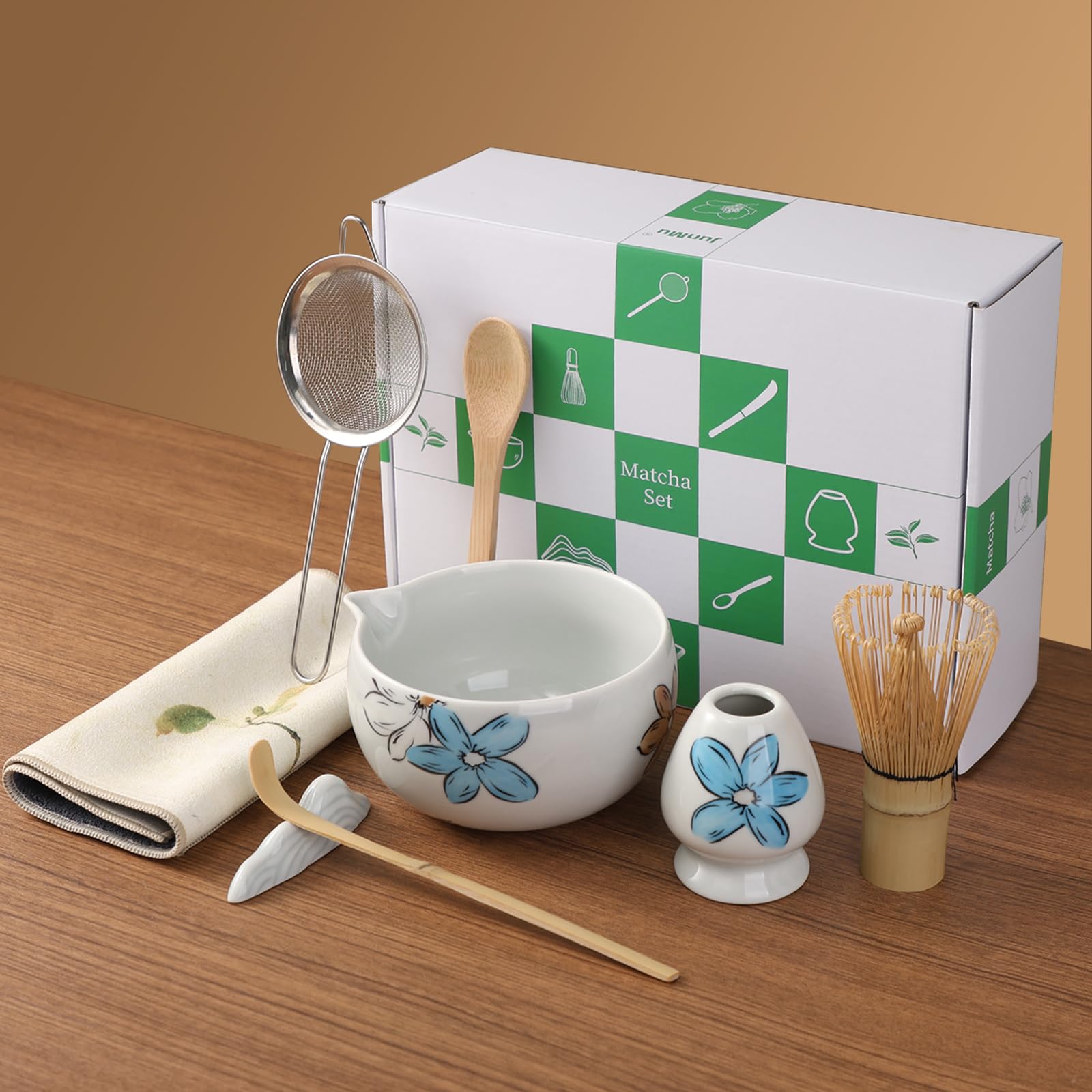 JunMu Matcha Whisk Set Cute,8pcs Matcha Set Whisk And Bowl,Matcha Kit Set With Bamboo Whisk,Ceramic Matcha Bowl,Sifter,Scoop,Holder,Towel,Stand,Spoon,Unique Gift for Japanese Matcha Tea Lover