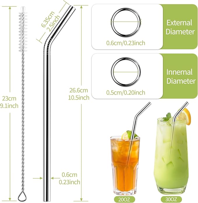 Set of 10 Stainless Steel Straws, HuaQi Bent Reusable Drinking Straws 10.5'' Long 0.24‘’ Dia for 30 oz Tumbler and 20 oz Tumbler, 2 Cleaning Brush Included (10 Bent Staw + 2 Brushes）