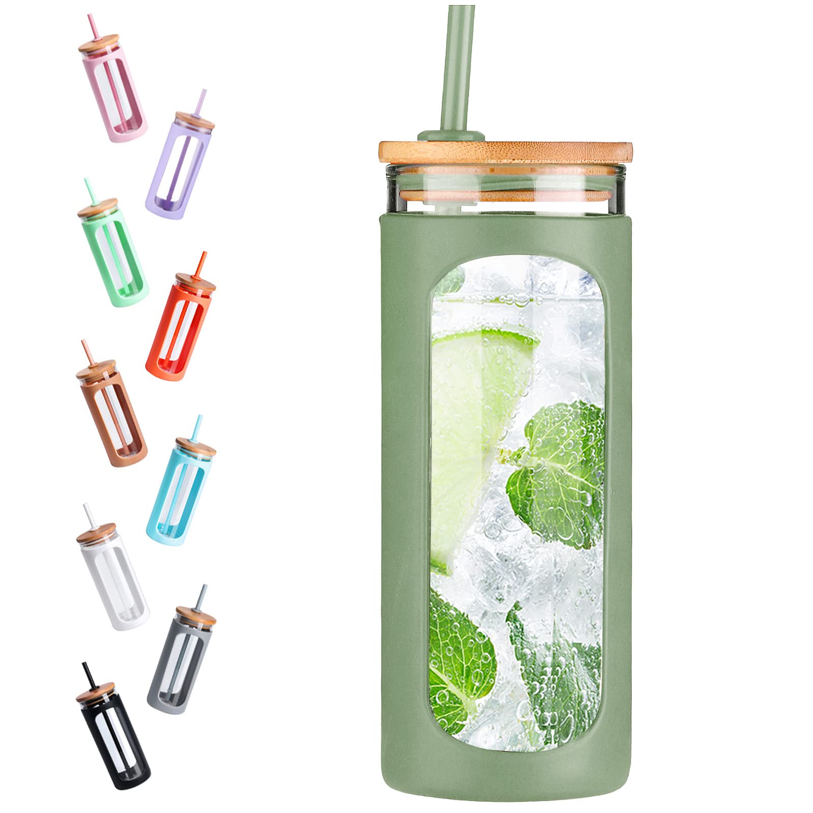 Kodrine 20oz Glass Tumbler with Straw and Lid, Iced Coffee Cups with Bamboo Lids, Glass Cups for Cold Drinks, Smoothie Cup with Silicone Sleeve for Travel, Work, BPA FREE-Olive