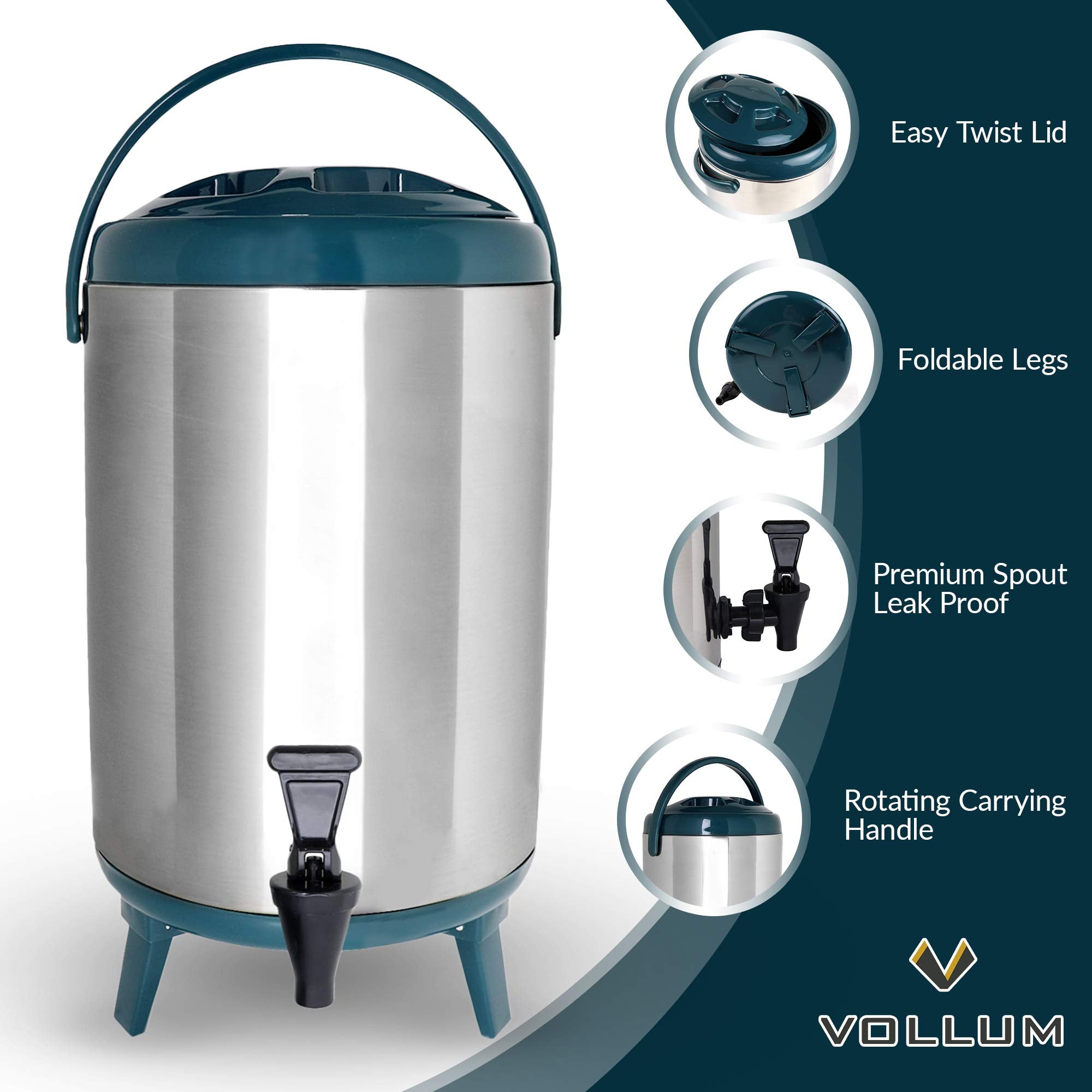 Vollum Stainless Steel Insulated Beverage Dispenser – Insulated Thermal Hot and Cold Coffee Carafe – 8 Liter Drink Dispenser with Spigot for Hot Water, Tea & Coffee, Cold Milk, Juice & More TEAL