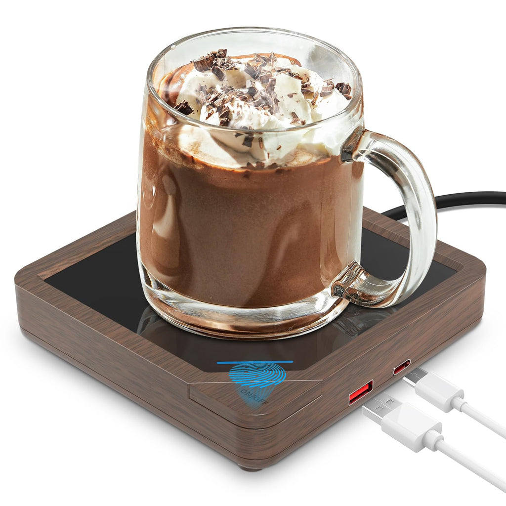 Coffee Mug Warmer with 2 USB Charging Ports: Auto Shut-Off Candle Wax Warmer - Heated Beverage Coffee Accessories for Home Office Desk - U1 Wood