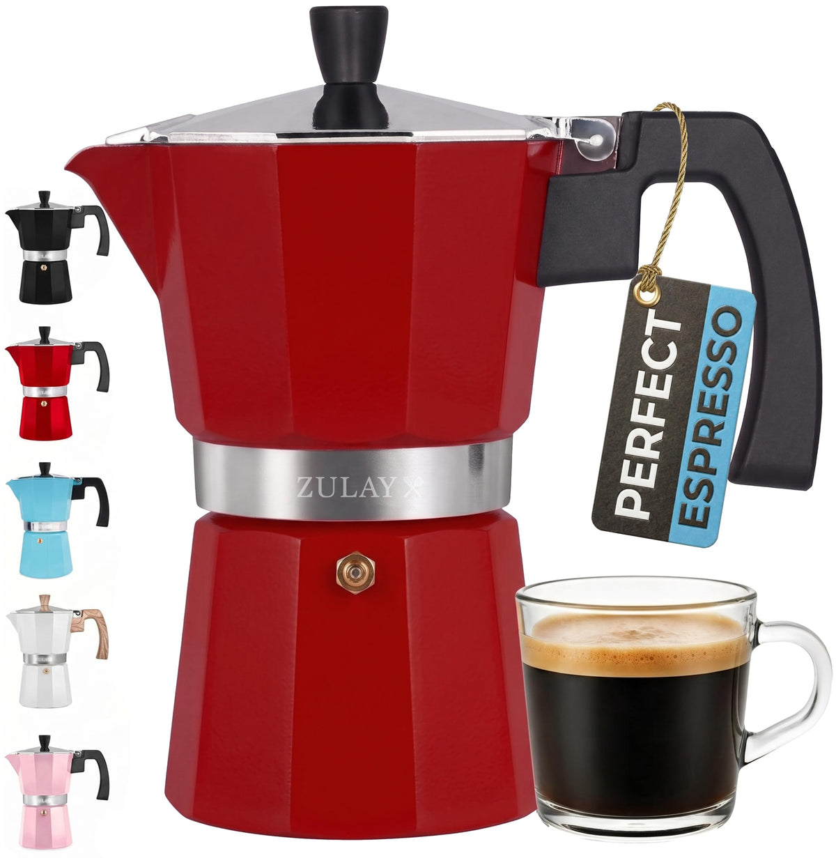 Zulay Moka Pot Espresso Stovetop Coffee Maker - Leak-Proof, Stainless Steel, Easy to Clean, Heat Resistant Handle & Knob - for Authentic Cuban & Italian Style Espresso - Makes 12 Espresso Cups - White