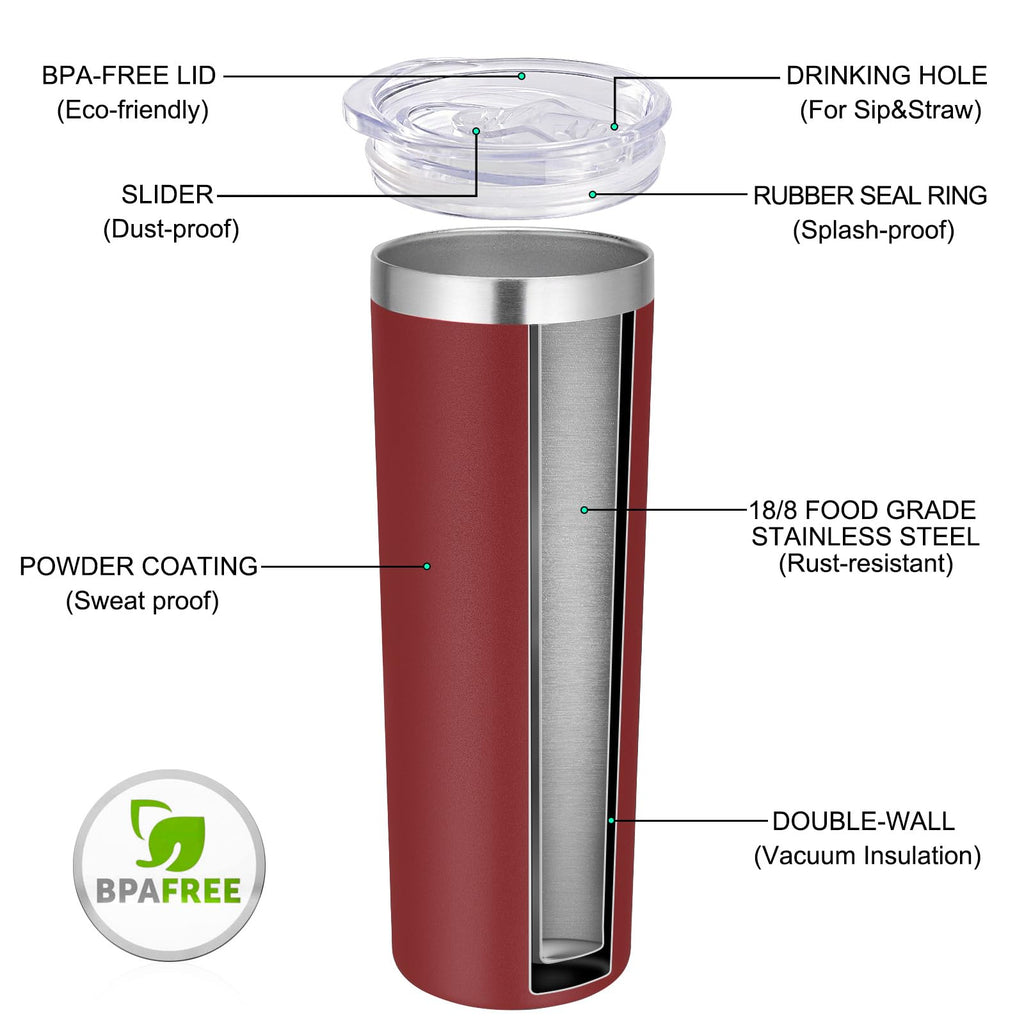 VEGOND 20 oz Stainless Steel Skinny Tumbler with Lids and Straws, 20oz Vacuum Insulated Slim Tumbler Cup, Double Wall Travel Tumblers Bulk for Cold Hot Drinks, Wine Red 12 Pack