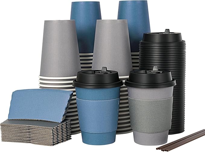 LITOPAK 100 Pack 16 oz Disposable Coffee Cups with Lid, Sleeve, Stirrers