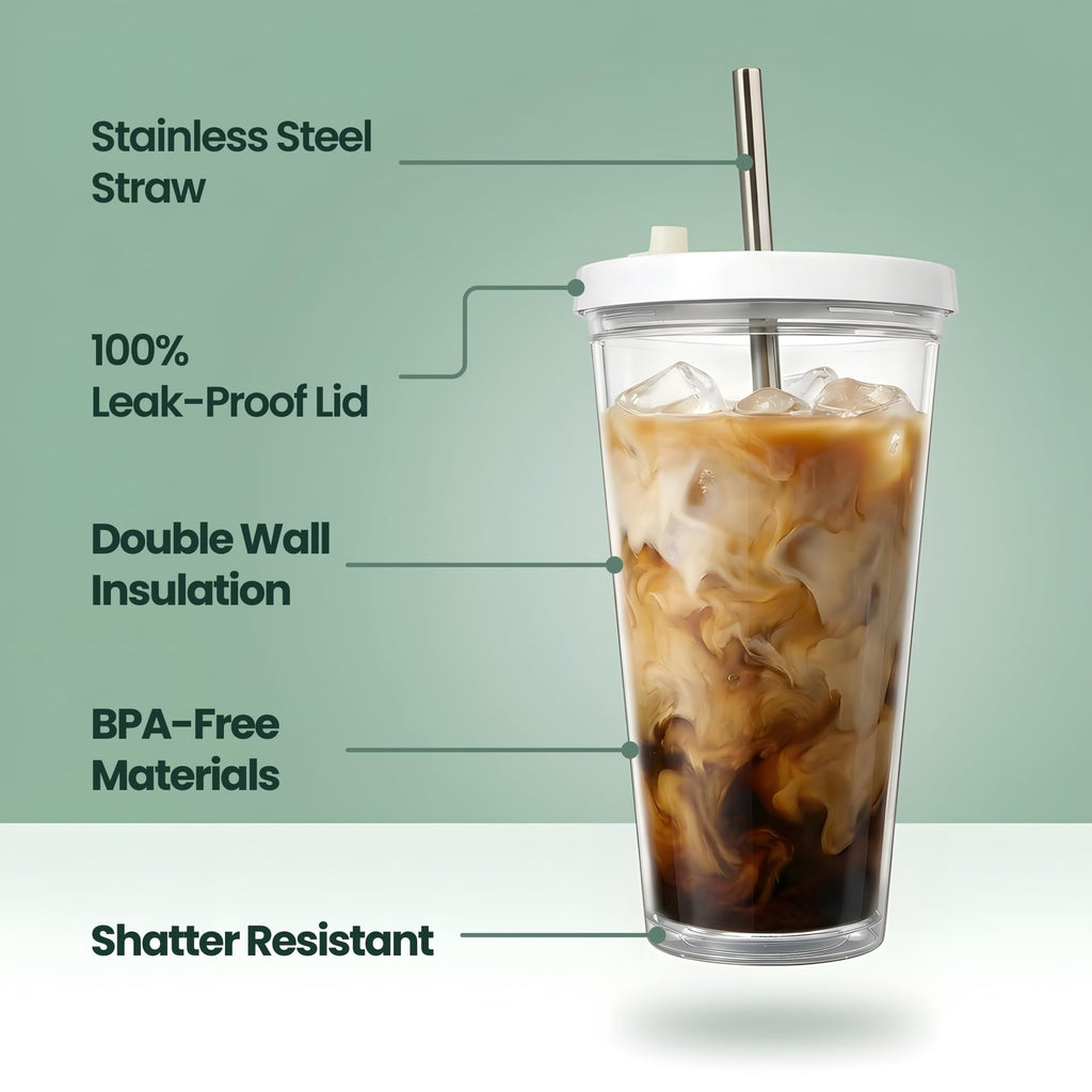 Reusable Iced Coffee Cup with Lid and Straw, 24 oz/Venti, BPA-Free Double-Wall Insulated Plastic Tumbler for Cold Drinks, Includes Clear Plastic Straw, Stainless Steel Straw and Cleaning Brush, White