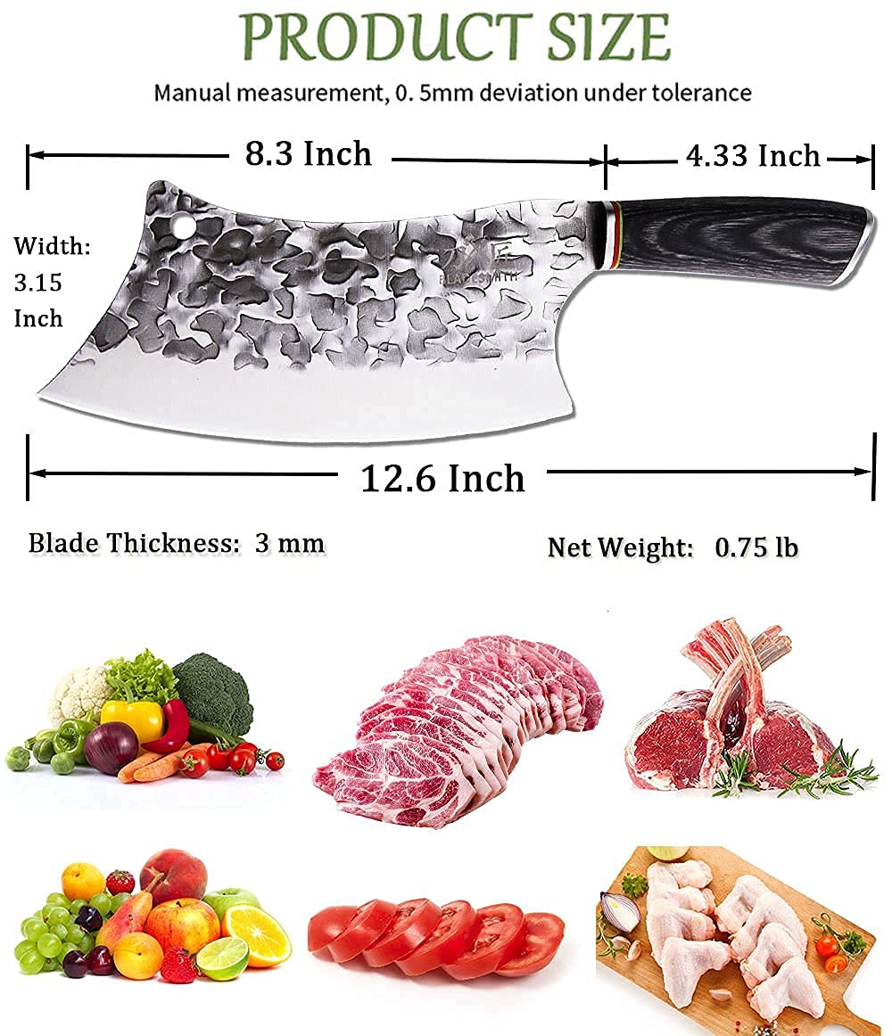 BLADESMITH Butcher Knife 8“, Forged Meat Cleaver Kitchen Knives, Curved High Carbon Steel Blade, PakaWood Handle, for Slicing and Cutting