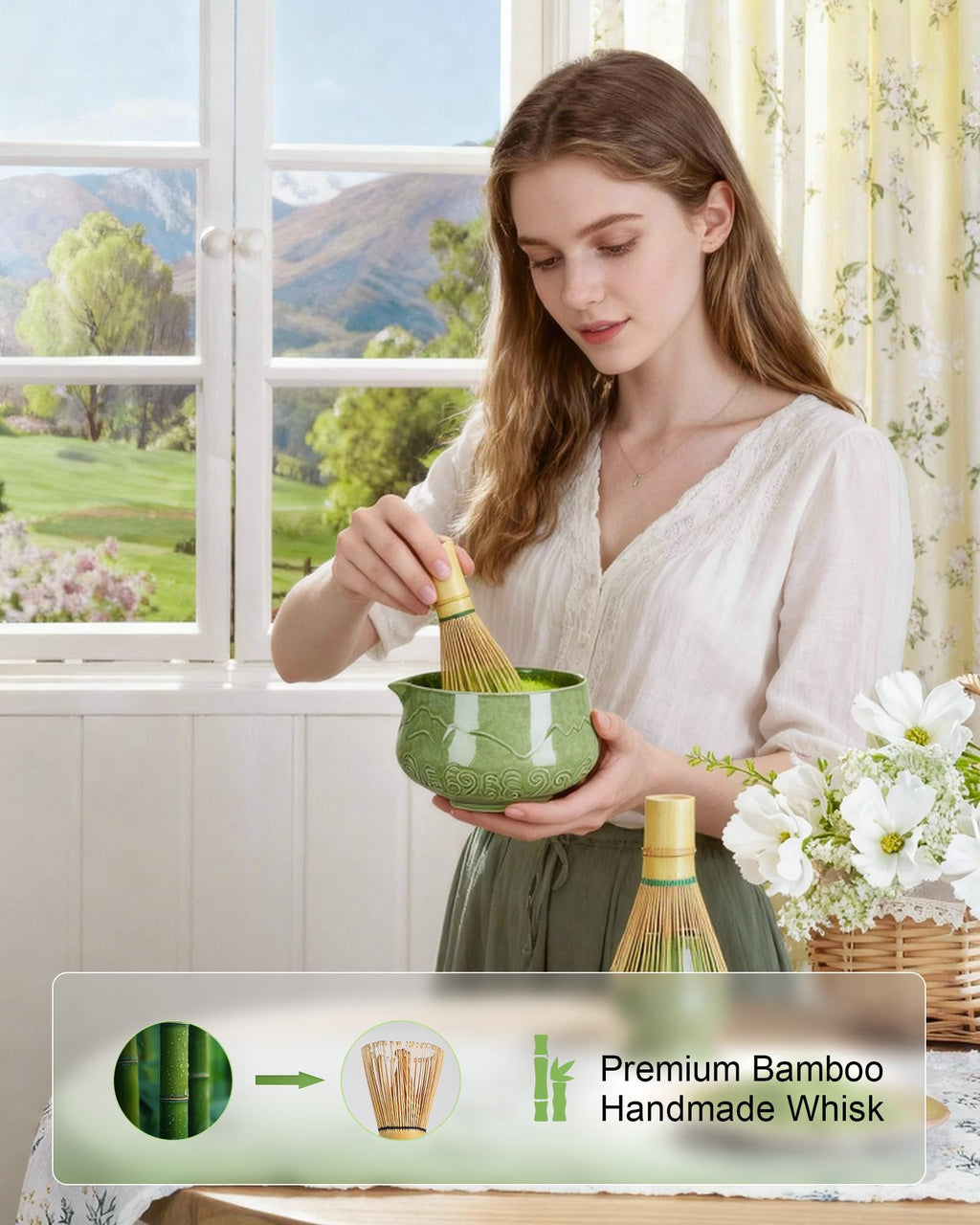 ZENS Premium Matcha Whisk Set with Blooming Cup, 7pcs Matcha Set, Green