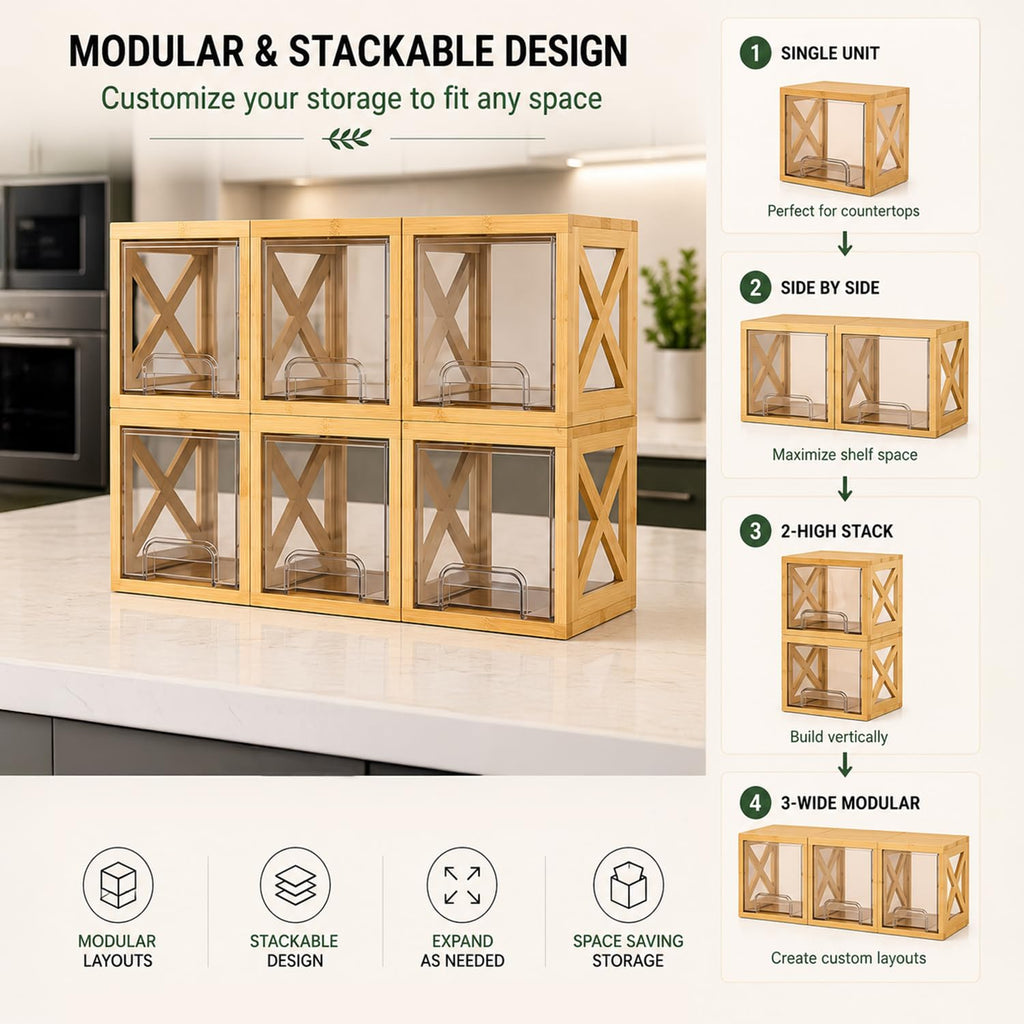 Bamboo Snack & Pantry Organizer, Stackable Pull-Out Drawers, 2 Pack