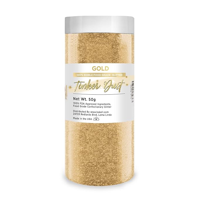 BAKELL Gold Edible Glitter, 50 Grams | TINKER DUST Edible Glitter | KOSHER Certified | 100% Edible Glitter | Cakes, Cupcakes, Cake Pops, Drinks, Dessert Vegan Glitter & Dusts (50g, Gold)