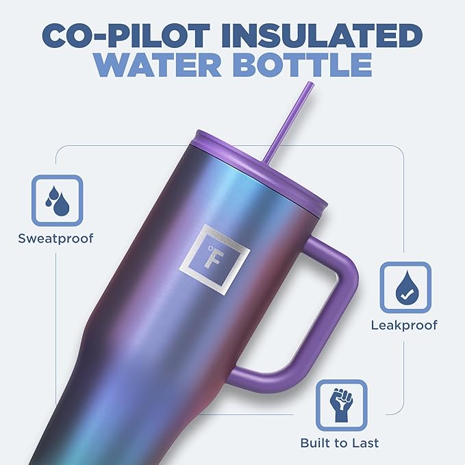 IRON °FLASK Co-Pilot Insulated Mug w/Straw & Flip Cap Lids - Cup Holder Bottle for Hot, Cold Drink - Leak-Proof- Water, Coffee Portable Travel Tumbler - Dark Pine Speckle, 40 Oz
