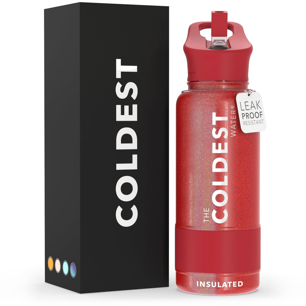 Coldest Insulated Water Bottle with Straw Lid - Stainless Steel Metal Insulated Bottle for Men & Women (Mars Red Glitter, 32 oz)