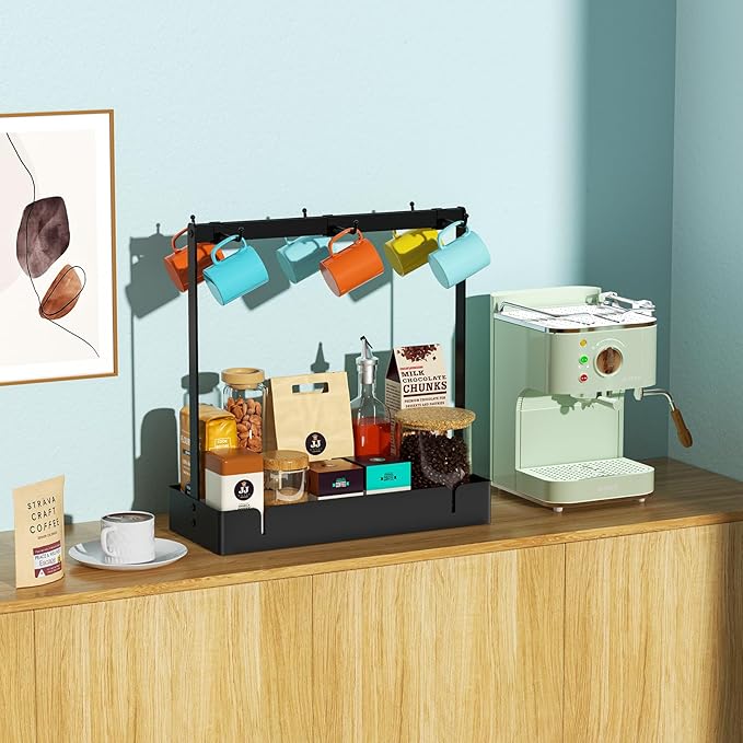 Coffee Mug Holder with Movable Hooks, 6-Mug Capacity Countertop Coffee Cup Rack with Storage Base