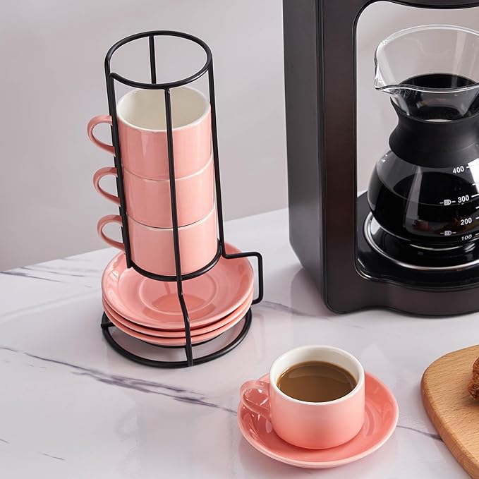 4oz Porcelain Stackable Espresso Cups with Saucers and Metal Stand Set of 4, Stackable Cappuccino Cups, Pink Expresso Shots Cup Set for Coffee Drinks, Latte, Americano, Tea