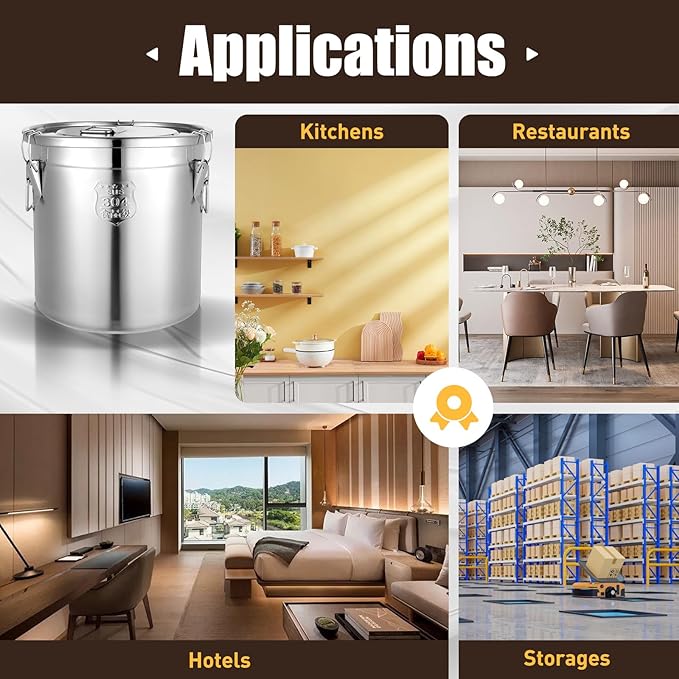 PERFERATE 304 Stainless Steel Airtight Canister 6L/12L Food Storage Bucket with Lids and Sturdy Locking Clamp Metal Cereal Rice Storage Container for Flour, Coffee Bean, Sugar, Cookie (33L)