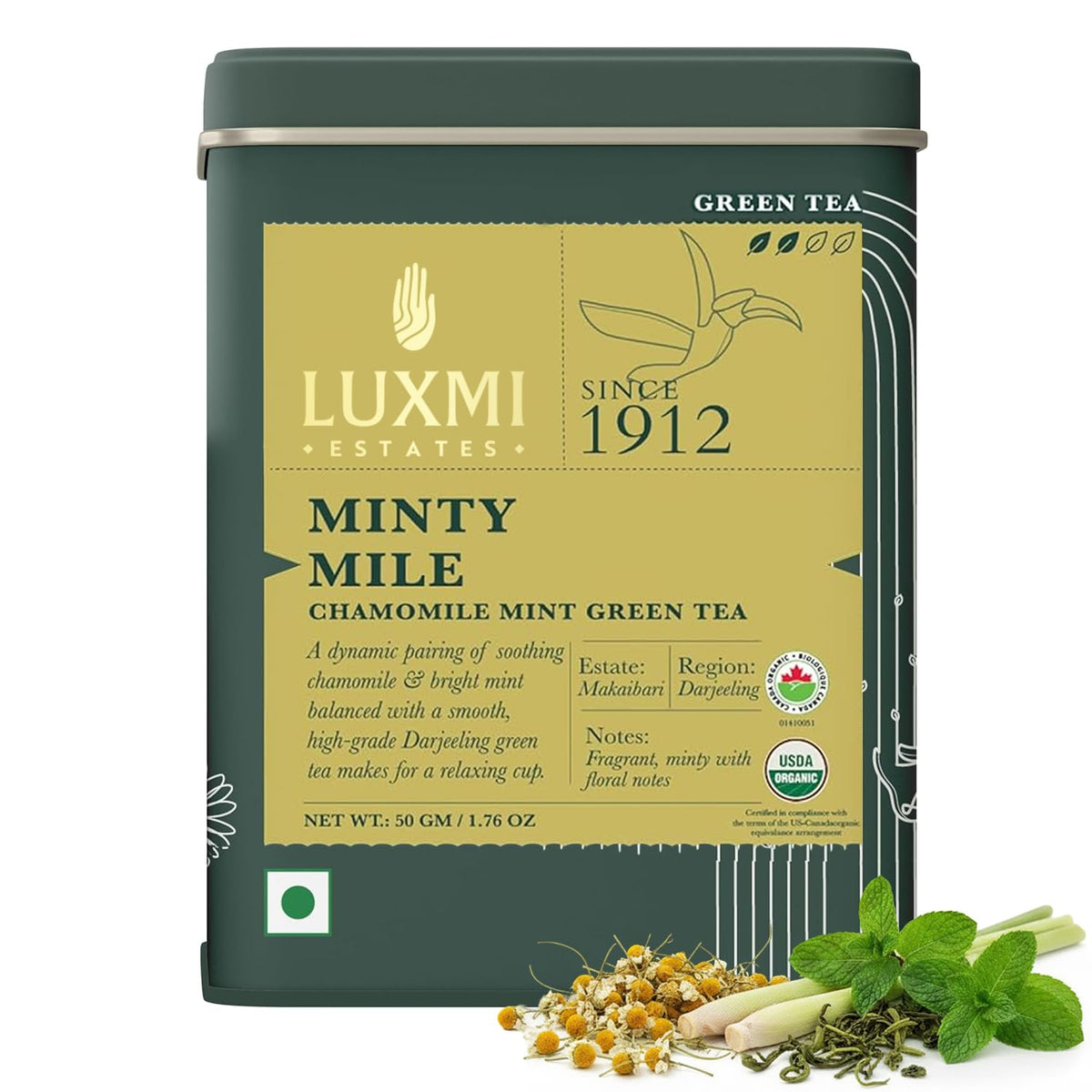 Luxmi Estates Minty Mile Organic Chamomile Mint Green Tea (25 Tea Bags) Low Caffeine Tea Bags For Relaxing, Calming, and Stress Relief, With Certified Organic Darjeeling Makaibari Green Tea