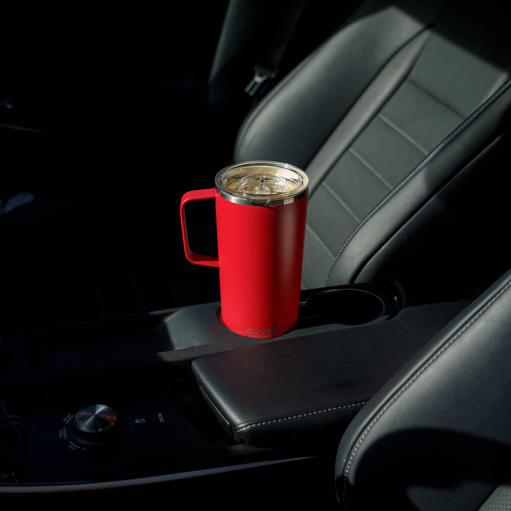 asobu Tower Mug Ceramic Inner Coated Insulated Stainless Steel Cup for Pure Tasting Coffee with Easy Hold Handle and Tritan Lid Fits Standard Cup Holders 20 Ounce Travel Mug (Black)