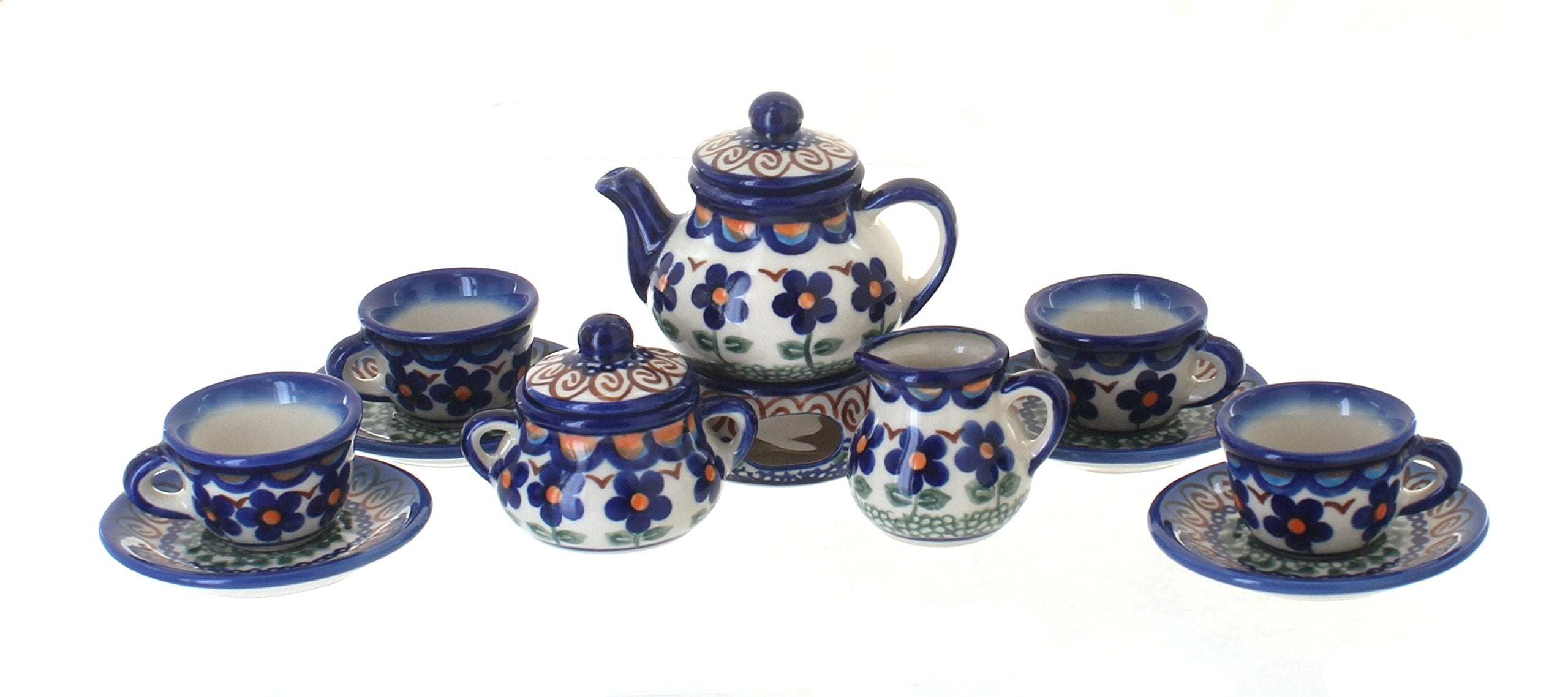 Blue Rose Polish Pottery - Brown Aztec Flower Miniature Tea Set - 1 Set - Polish Pottery Collectible Tea Set with Teapot & Cups, Decorative Gift