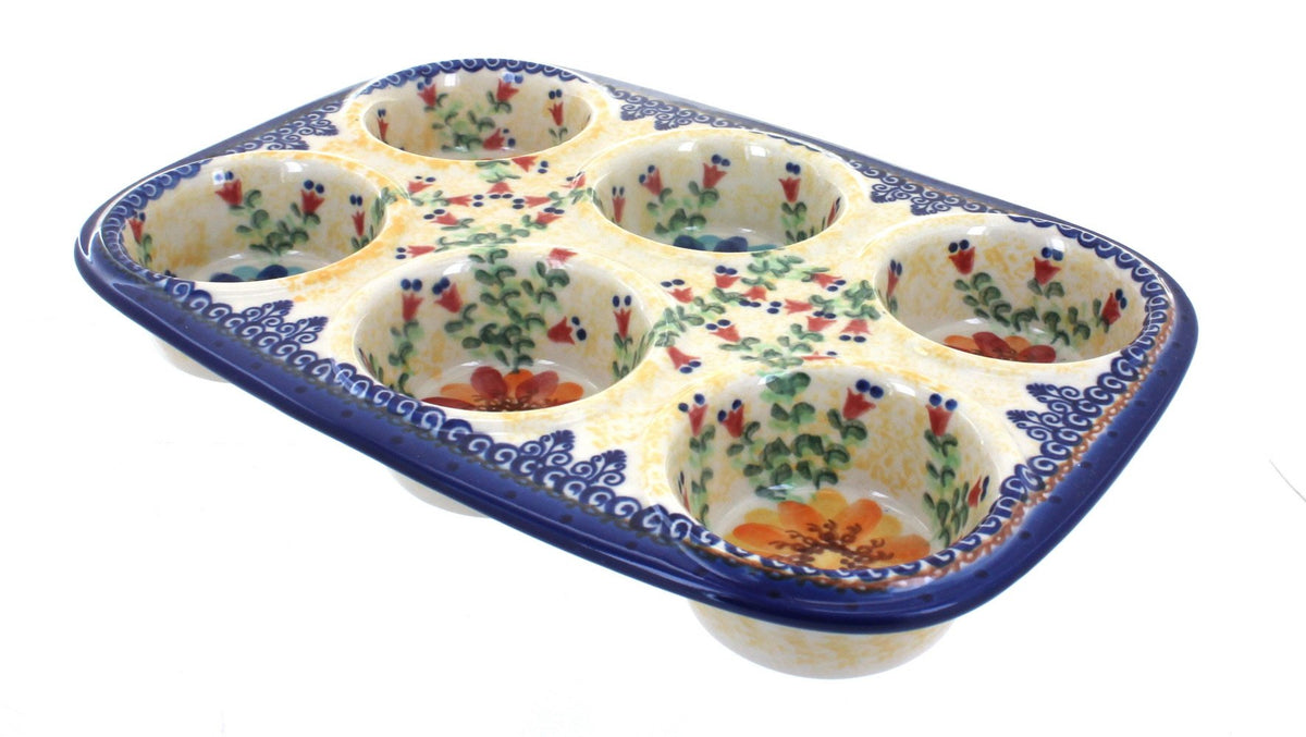 Blue Rose Polish Pottery - Red Tara Muffin Pan - 12" x 8" - Ceramic Baking Dish, 6-Cup Muffin & Cupcake Pan