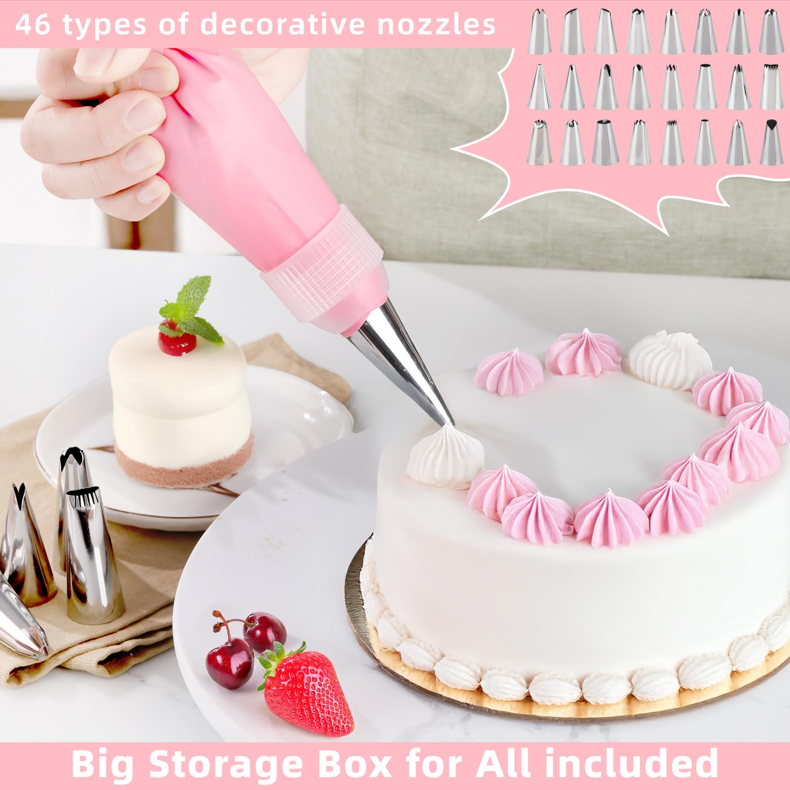 Cake Decorating Kit: Decorating Supplies Tools Kit 138 PCS Baking Accessories Include Spiping Bags and Tips Set, Piping Tips Set, Spatulas, Cake Scraper, 50 Piping Bags for Beginners, Pink