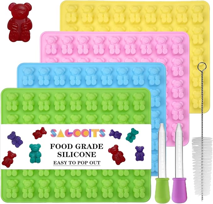Large Gummy Bear Molds Candy Molds, No Stick Chocolate Candy Gummy Molds,Gummie Molds Premium Silicone,Pack of 4 with 2 Droppers