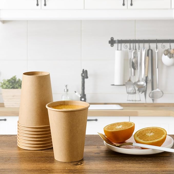 LITOPAK 100 Pack 12 oz Kraft Paper Cups, Disposable Coffee Cups, Disposable Drinking Cups, Hot Coffee Cups, Paper Coffee Cups for Water, Coffee, Juice, and Milk