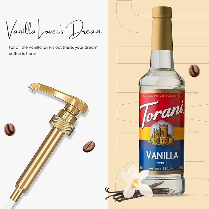 Jimoco® Syrup Pump Dispenser + Torani® Vanilla Syrup, 25.4 oz - Coffee Syrup Pump & Flavoring Bundle