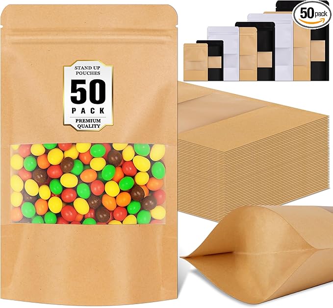 Resealable Smell Proof Bag, 50 Pcs Zip Lock Bags with Window, Reusable Snack Bags, Stand Up Pouches Heat Sealable, Food Storage Baggies for Cookies, Herbs, Tea, Coffee, Spice, Jerky