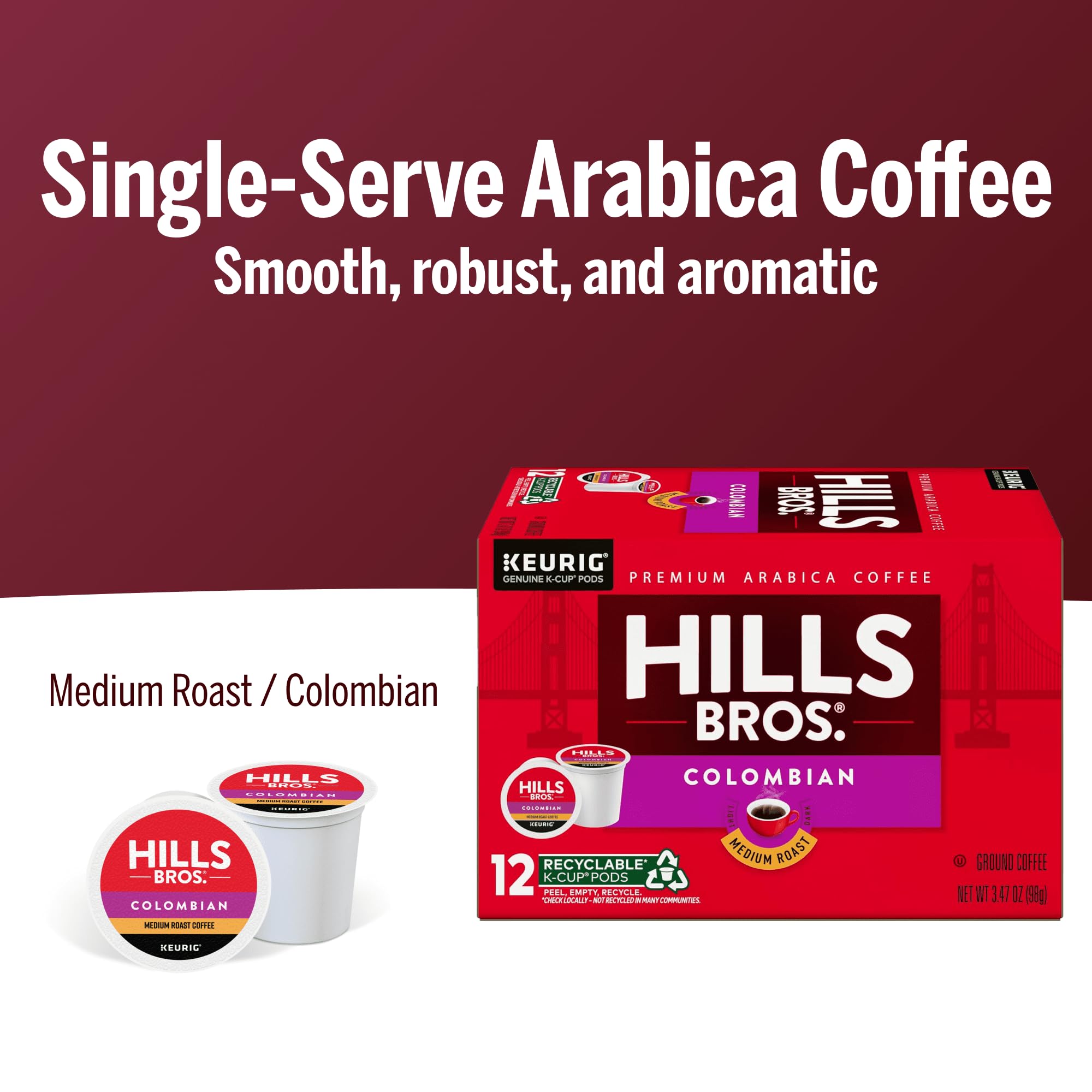 Hills Bros. Colombian Blend Keurig K-Cup Pods for Keurig Brewers – Medium Roast Premium Arabica Blend, Kosher – 1 Pack of 12 Single Serve Pods