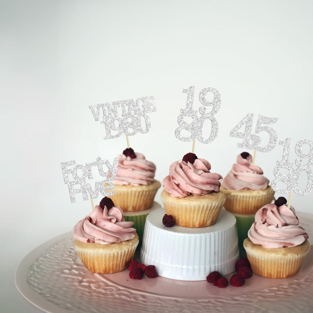 Gyufise 24Pcs 45th Birthday Cupcake Toppers Glitter Cheers to 45 Fabulous Forty Five Vintage 1980 Cupcake Picks 45th Birthday Wedding Anniversary Party Cake Decorations Supplies Silver