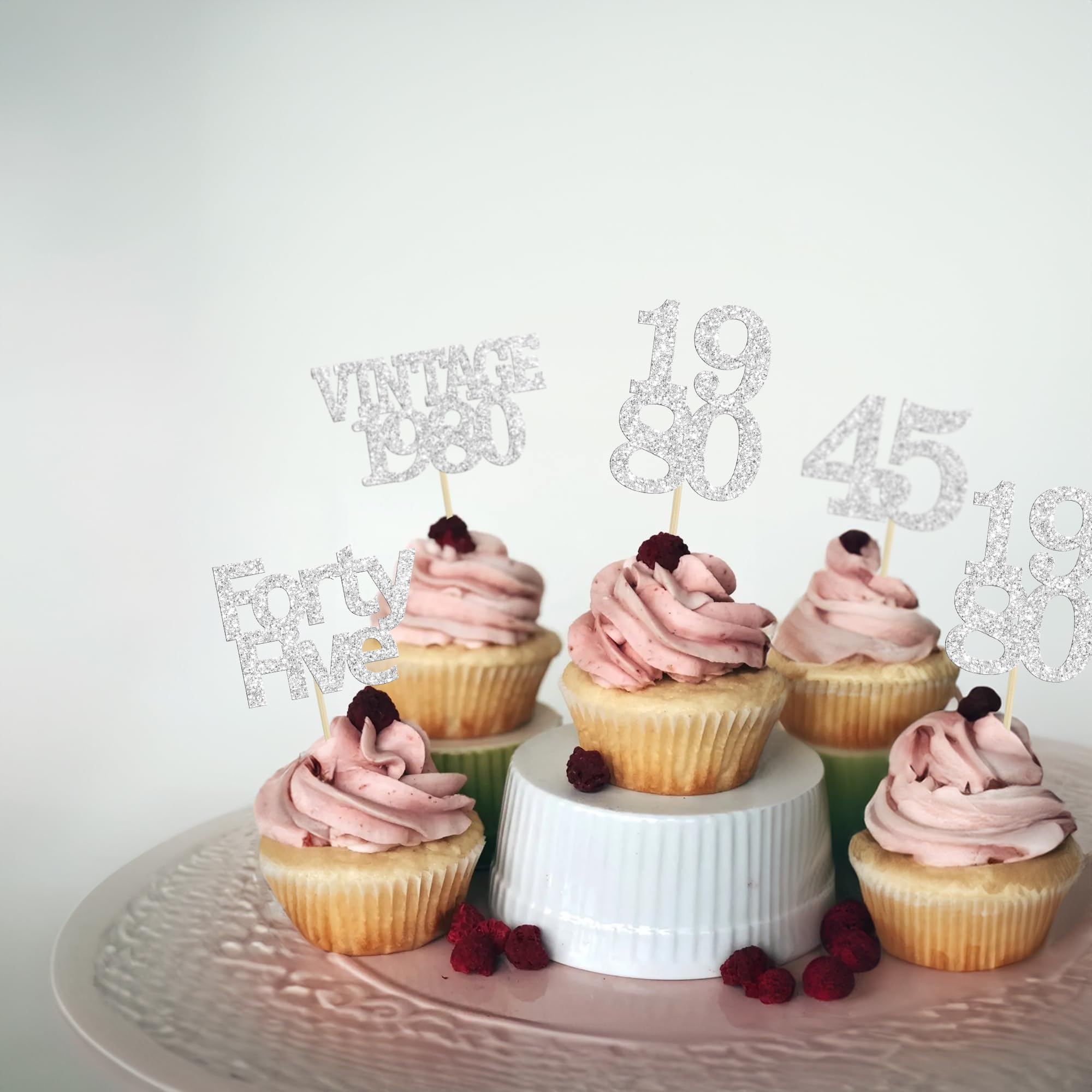 Gyufise 24Pcs 45th Birthday Cupcake Toppers Glitter Cheers to 45 Fabulous Forty Five Vintage 1980 Cupcake Picks 45th Birthday Wedding Anniversary Party Cake Decorations Supplies Silver