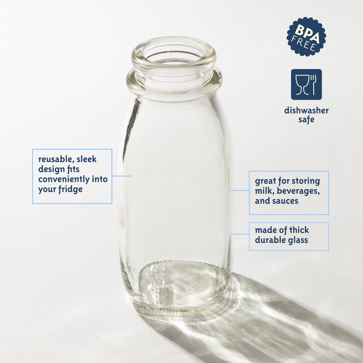 kitchentoolz 12 Oz Square Glass Milk Bottles with Lids (4 Pack) – Reusable Glass Creamer Bottles for Milk, Juice, and More – Includes Tamper-Proof Caps and One Silicone Pour Spout