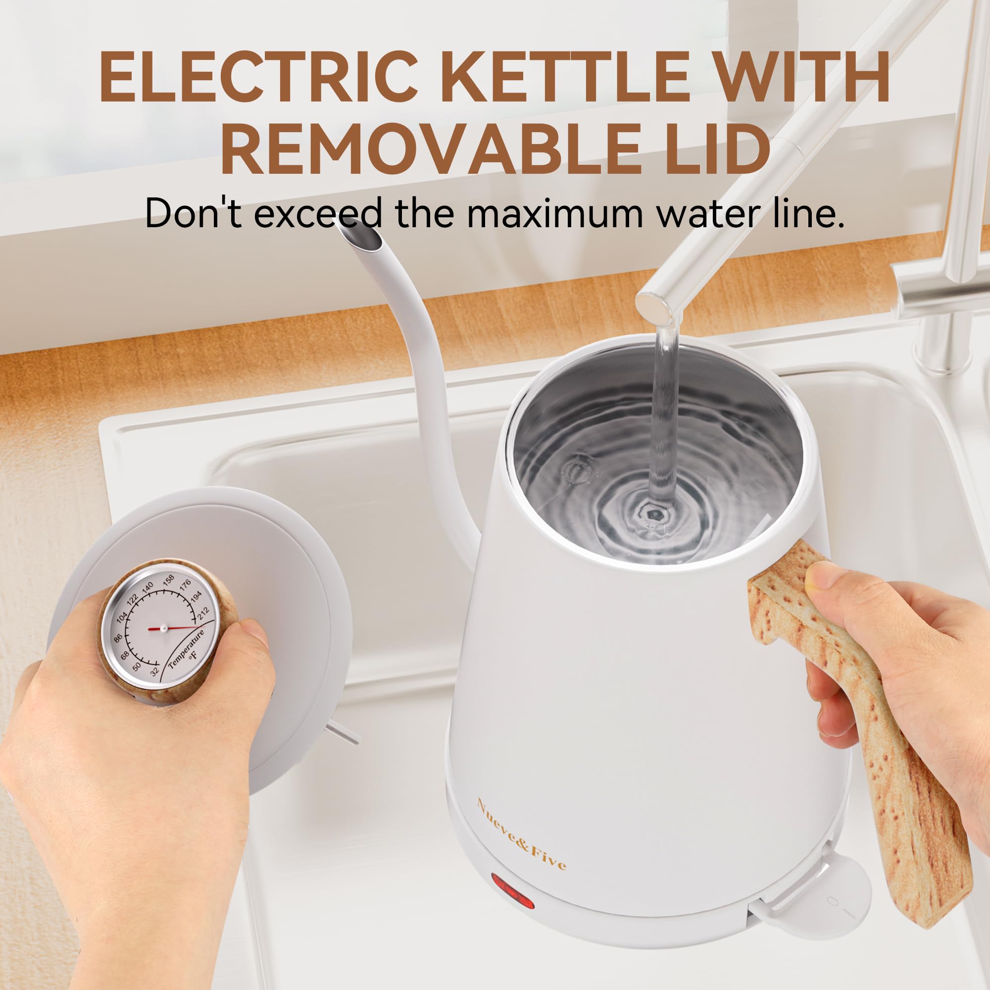 Nueve&Five Electric Gooseneck Kettle with Thermometer, 1.0L Pour Over Hot Water Kettle for Coffee and Tea, 1000W, Auto Shutoff, Boil-Dry Protection, White
