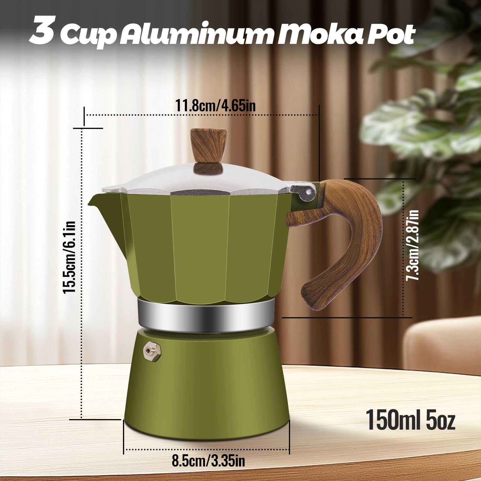 Vaolvpant 3 Cup Aluminum Moka Pot Classic Stovetop Espresso Coffee Maker 150ml 5oz Coffeemaker Percolator Mocha Pot Greca Coffee Maker Cafe Makers for Italian and Cuban Café Brewing Green