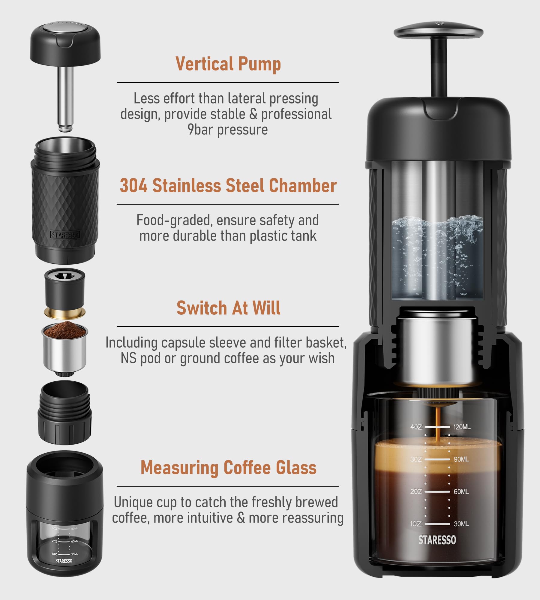 STARESSO Classic Manual Espresso Maker, 2 IN 1 Travel Coffee Machine