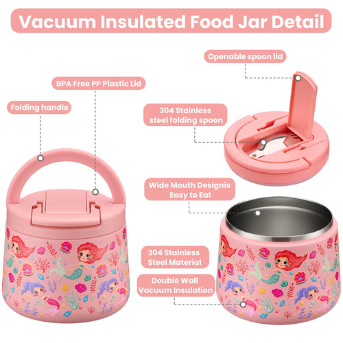 14oz Insulated Vacuum Food Jar with Buckle Lid,Soup Thermo for Hot Food Kids,Wide Mouth Leakproof Stainless Steel Lunch Container with Spoon-Mermaid